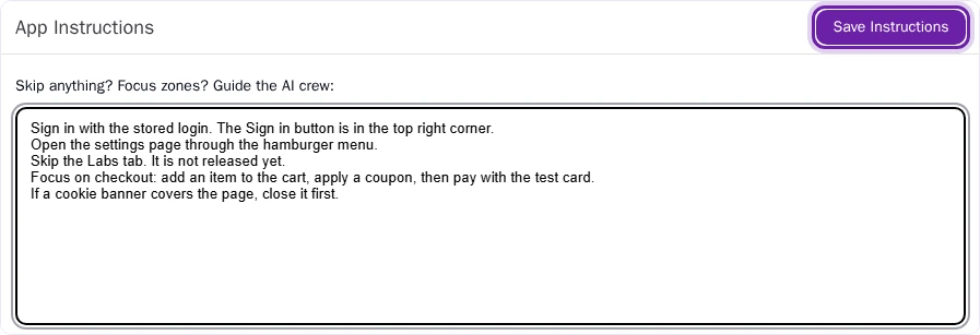 Pie portal App Instructions editor with test guidance typed in and the Save Instructions button ringed.