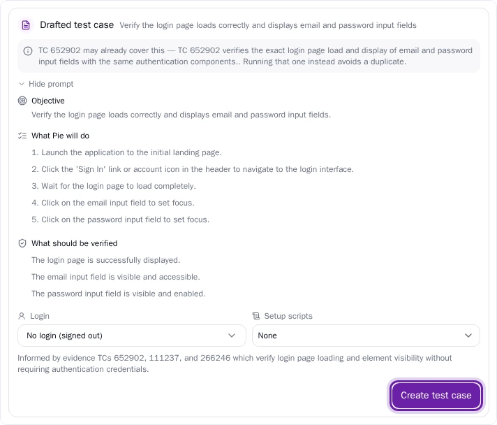 The test case Pie drafts from your description Pie Chat draft card with Objective, What Pie will do and What should be verified, and the Create test case button ringed