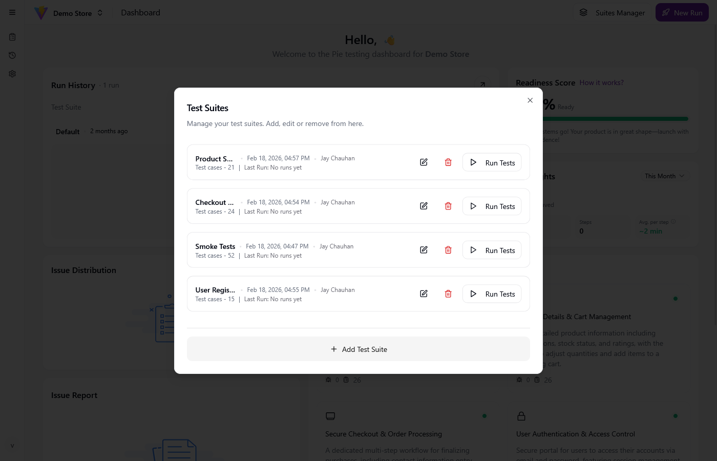 Suites Manager modal showing test suite list with Run Tests buttons