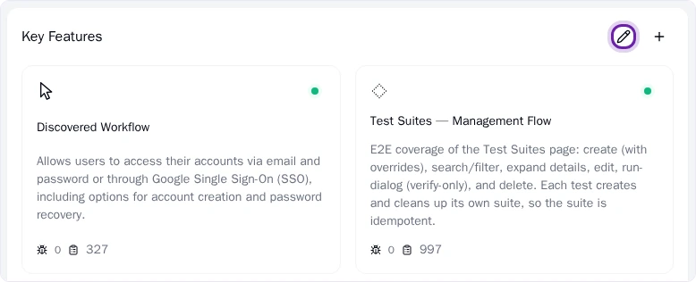 Pie Dashboard Key Features card listing key features, with the Edit key features pencil icon ringed beside the Add icon