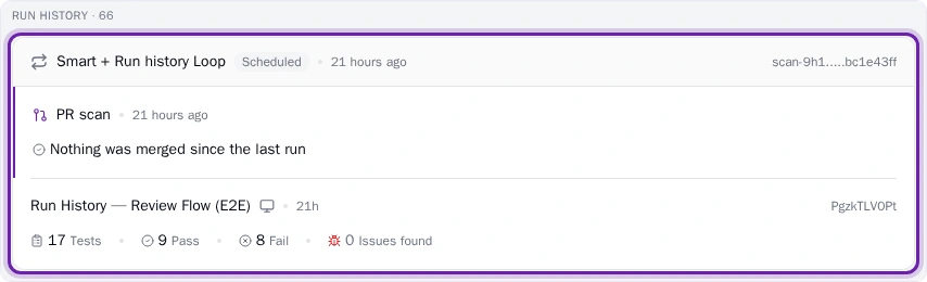 Pie portal Loop page Run History section with one firing card highlighted, showing its PR scan line and a suite run&rsquo;s results