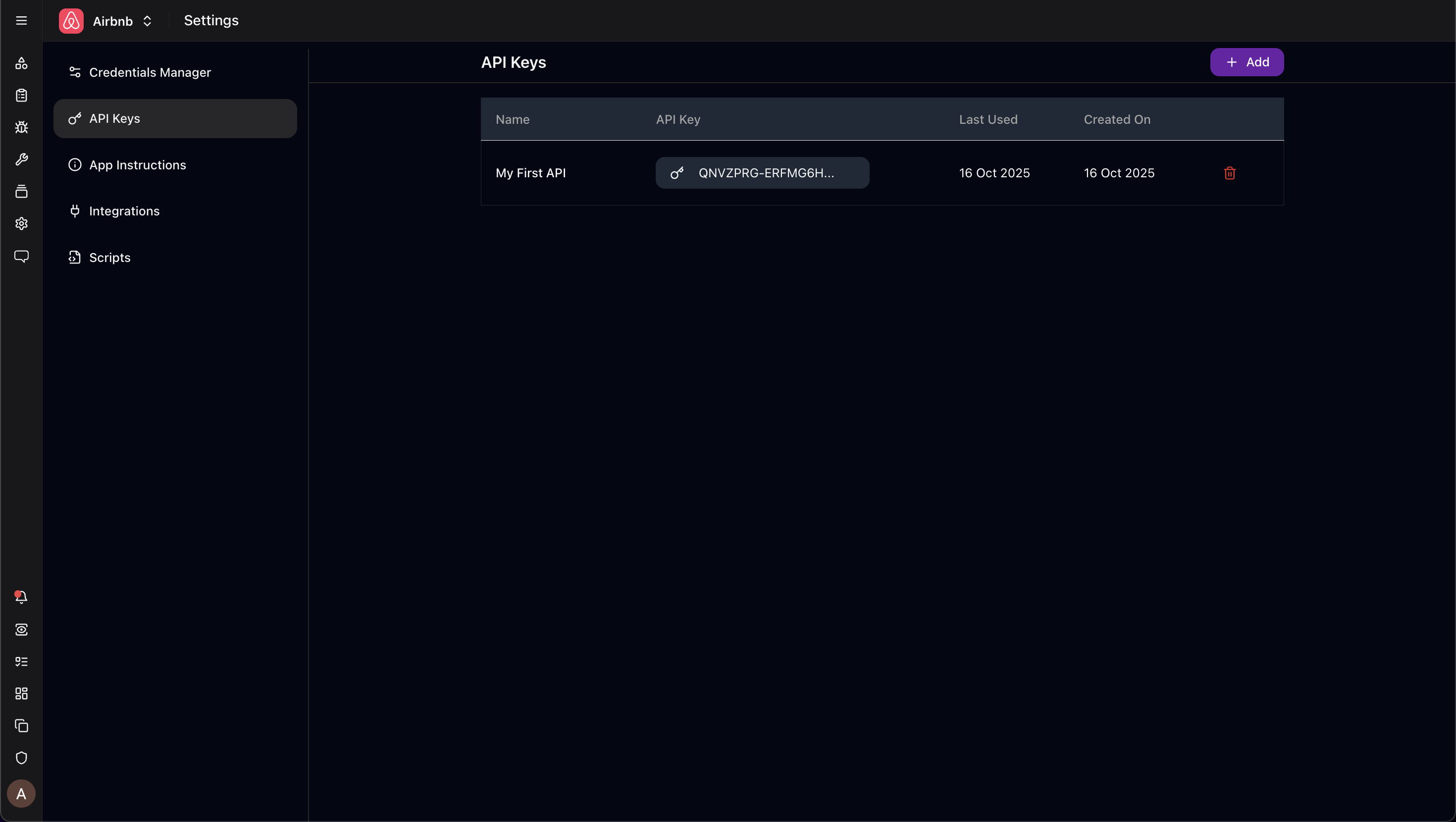 API Keys page with key generation dialog