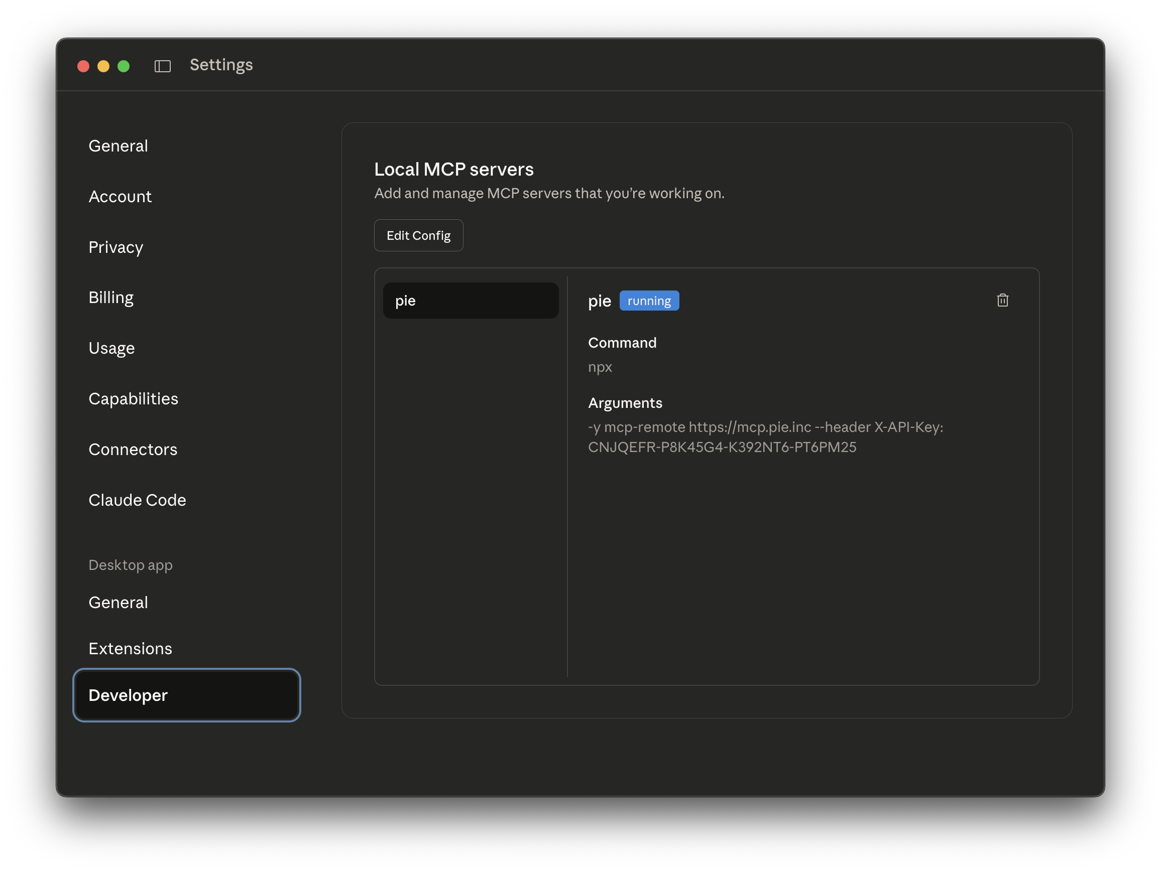 Claude config file with Pie configuration