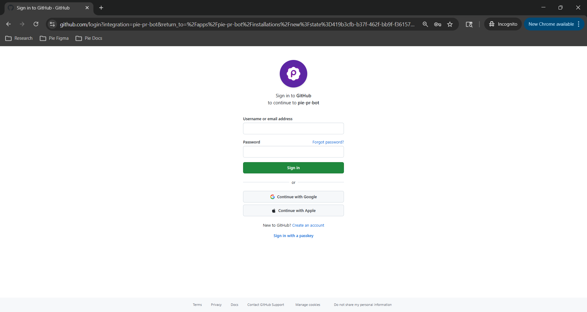 GitHub OAuth sign-in page for pie-pr-bot
