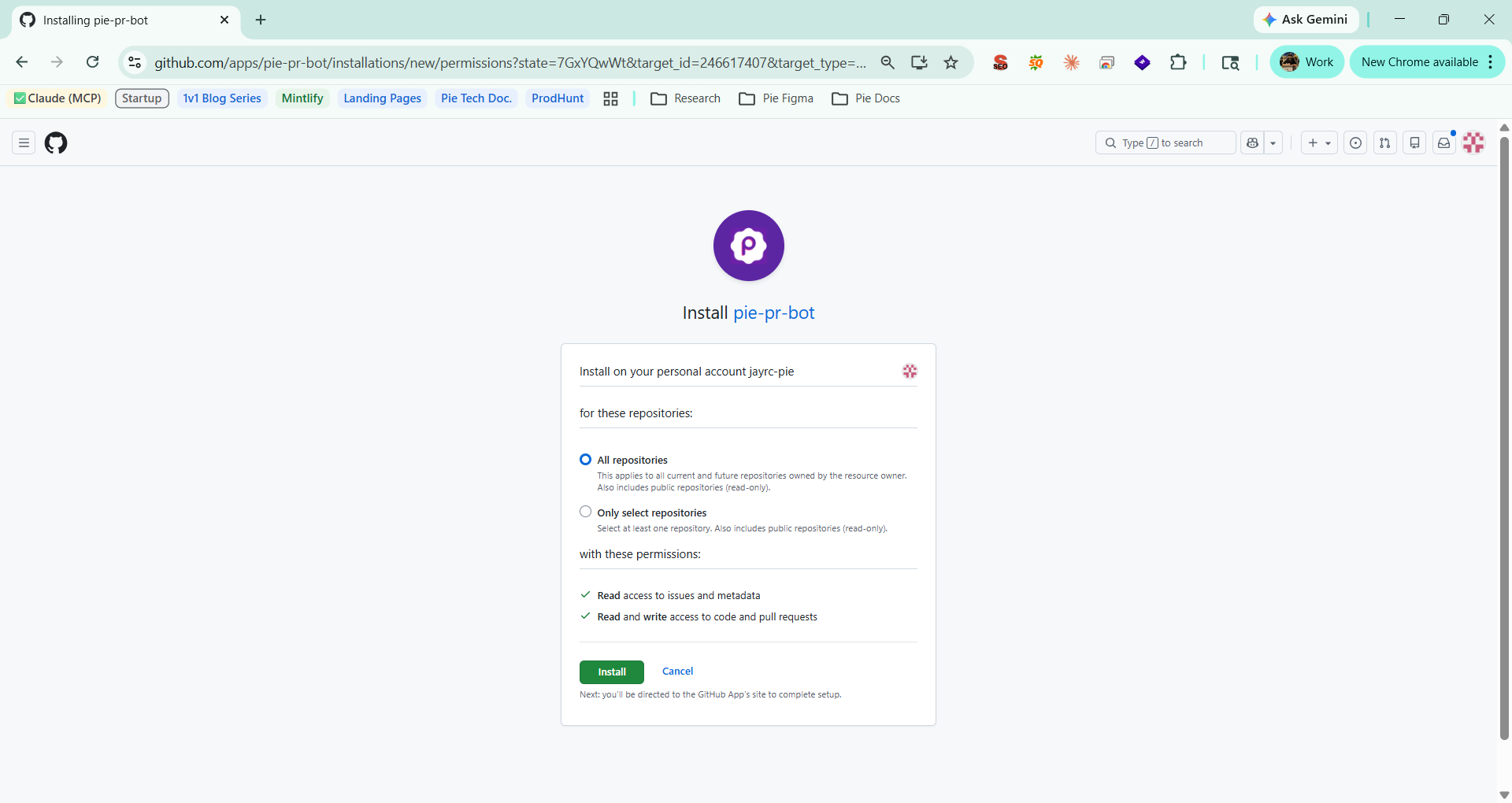 GitHub App installation screen showing repository scope selection and permissions: Read access to issues and metadata, and Read and write access to code and pull requests