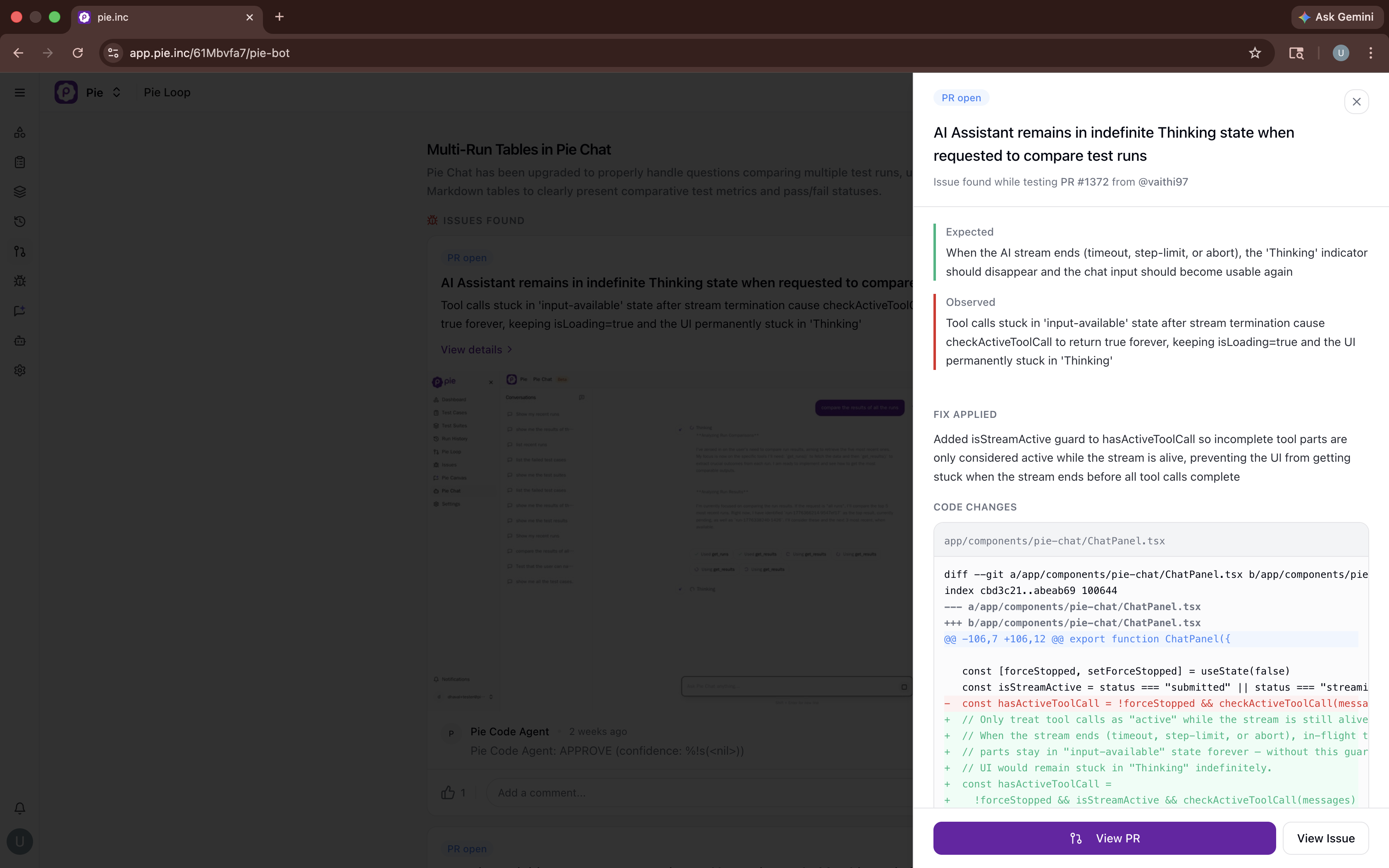 Issue detail side panel showing Expected behavior, Observed behavior, Fix Applied description, and a code diff, with View PR and View Issue action buttons at the bottom