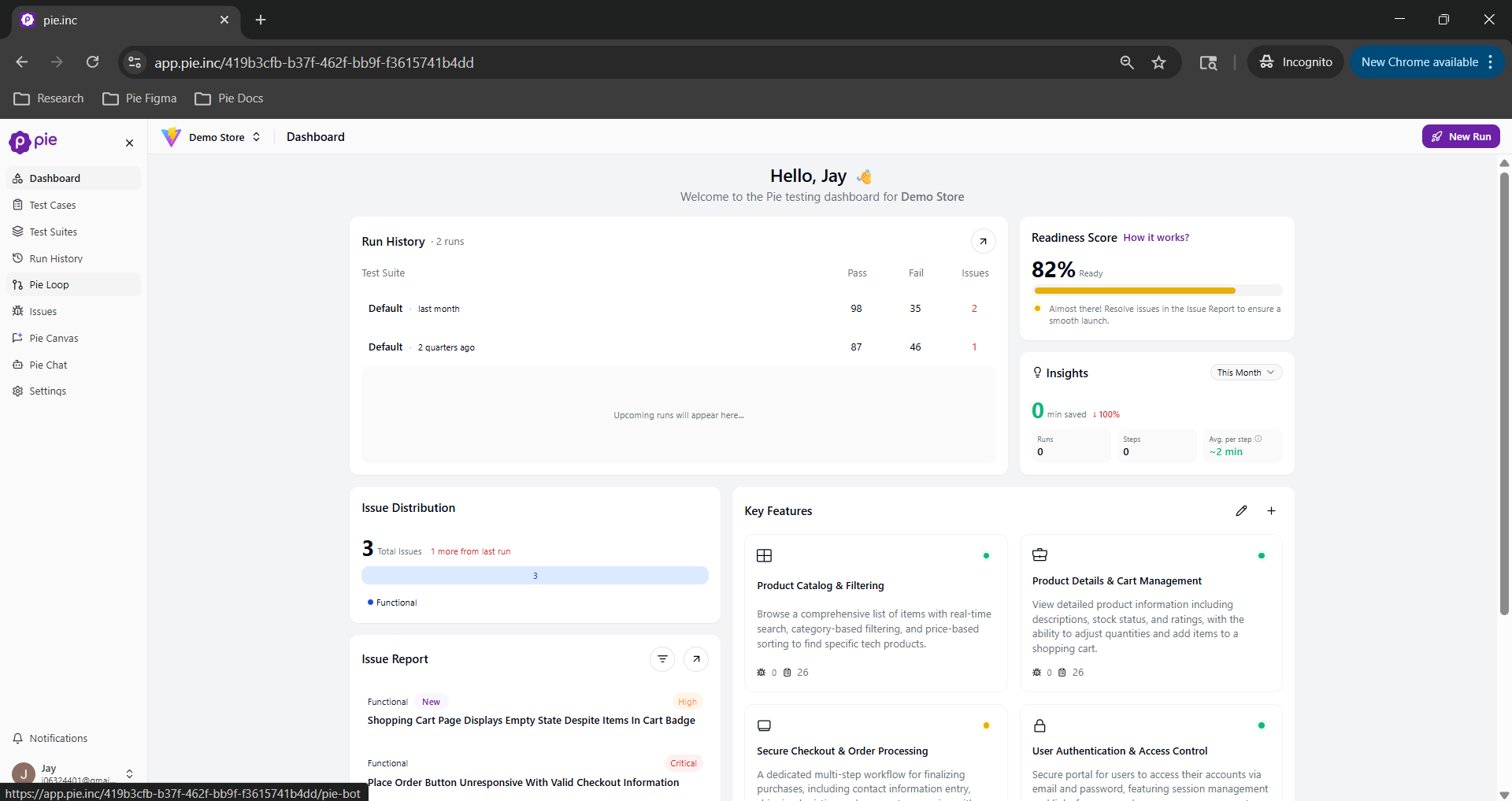 Pie dashboard with Settings highlighted in the left sidebar