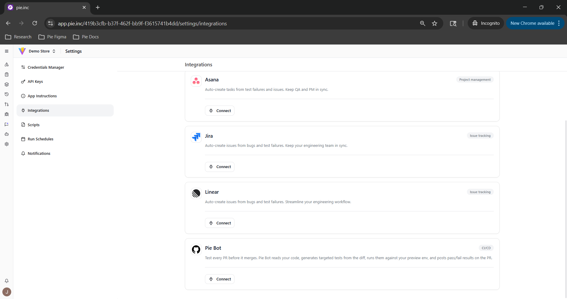 Settings Integrations page showing Pie Bot with a Connect button