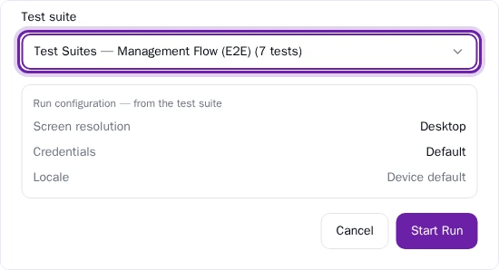 New Run with a suite chosen Pie’s Add New Run dialog with a suite chosen in Test suite, its run settings and Start Run enabled