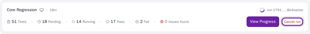 Pie Run History card for a run in progress with the Cancel run link highlighted next to the View Progress button