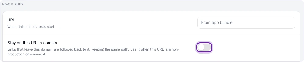 Pie suite page, How it runs settings for a web suite: URL and Stay on this URL&rsquo;s domain, with the domain switch ringed